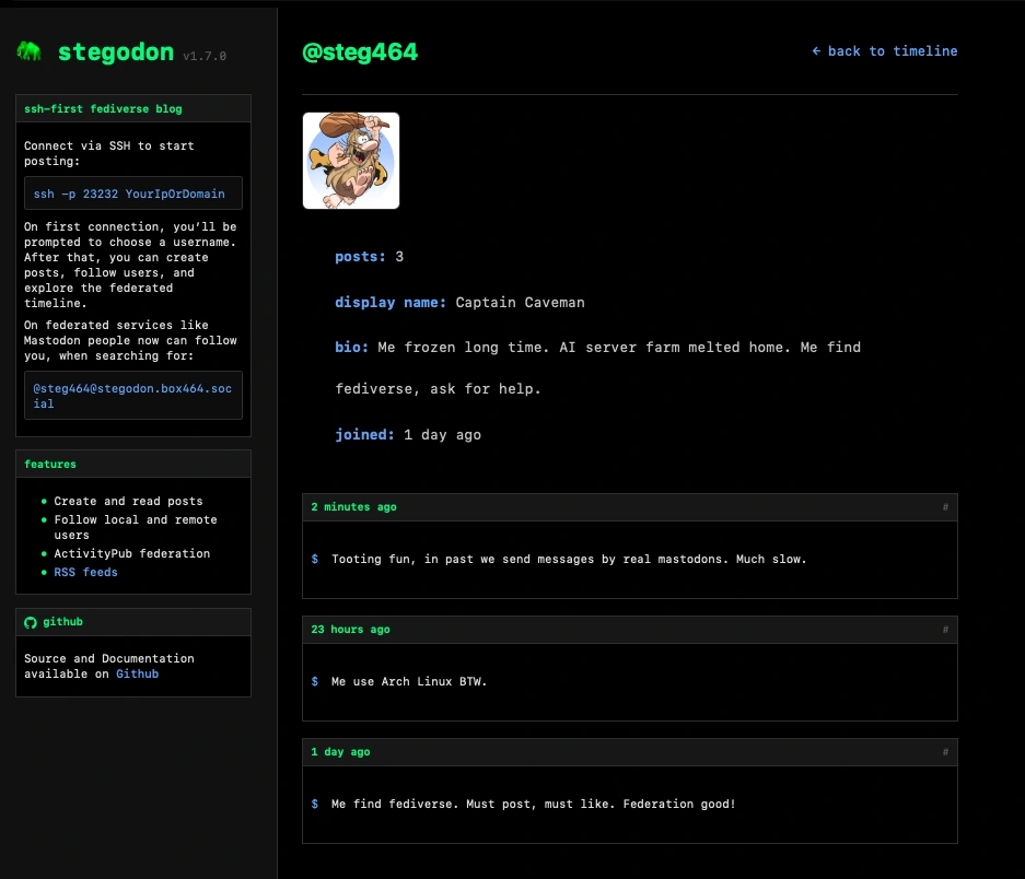 The web profile for my Stegodon user, Captain Caveman. It looks very terminal-esque.
