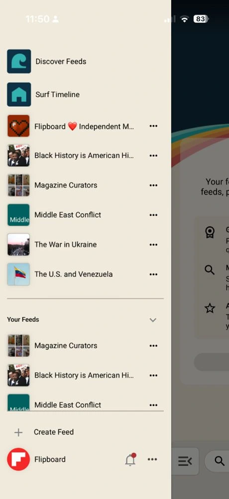 Screenshot of Surf app showing the sidebar menu. 
