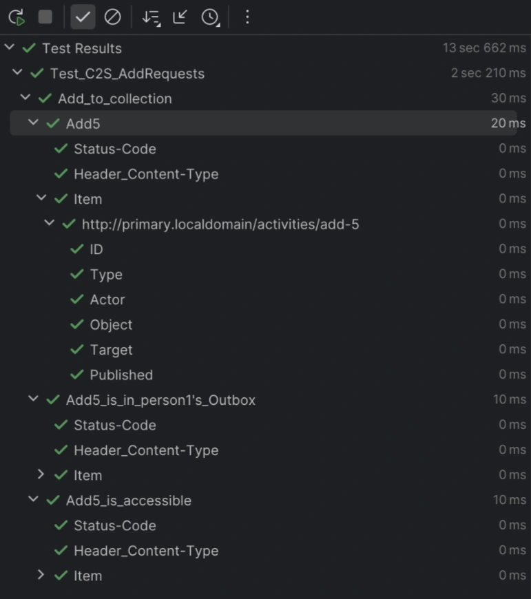 Screenshot of the green statuses of the tests mentioned in the post:

Test Results 13sec 662ms
+ Test_C2S_AddRequests 2sec 210ms
  + Add_to_collection 30ms
    + Add 20ms
    + Status-Code 0ms
    + Header_Content-Type 0ms
    + Item 0ms
       + http://primary.localdomain/activities/add-5 0ms
         ID 0oms
         Type 0ms
         Actor 0ms
         Object 0ms
         Target 0ms
         Published 0ms
  + Add_is_in_person1's_Outbox 10ms
    + Status-Code 0ms
    + Header_Content-Type 0ms
      Item 0ms
  + Add_is_accessible 10ms
    + Status-Code 0ms
    + Header_Content-Type 0ms
      Item 0ms