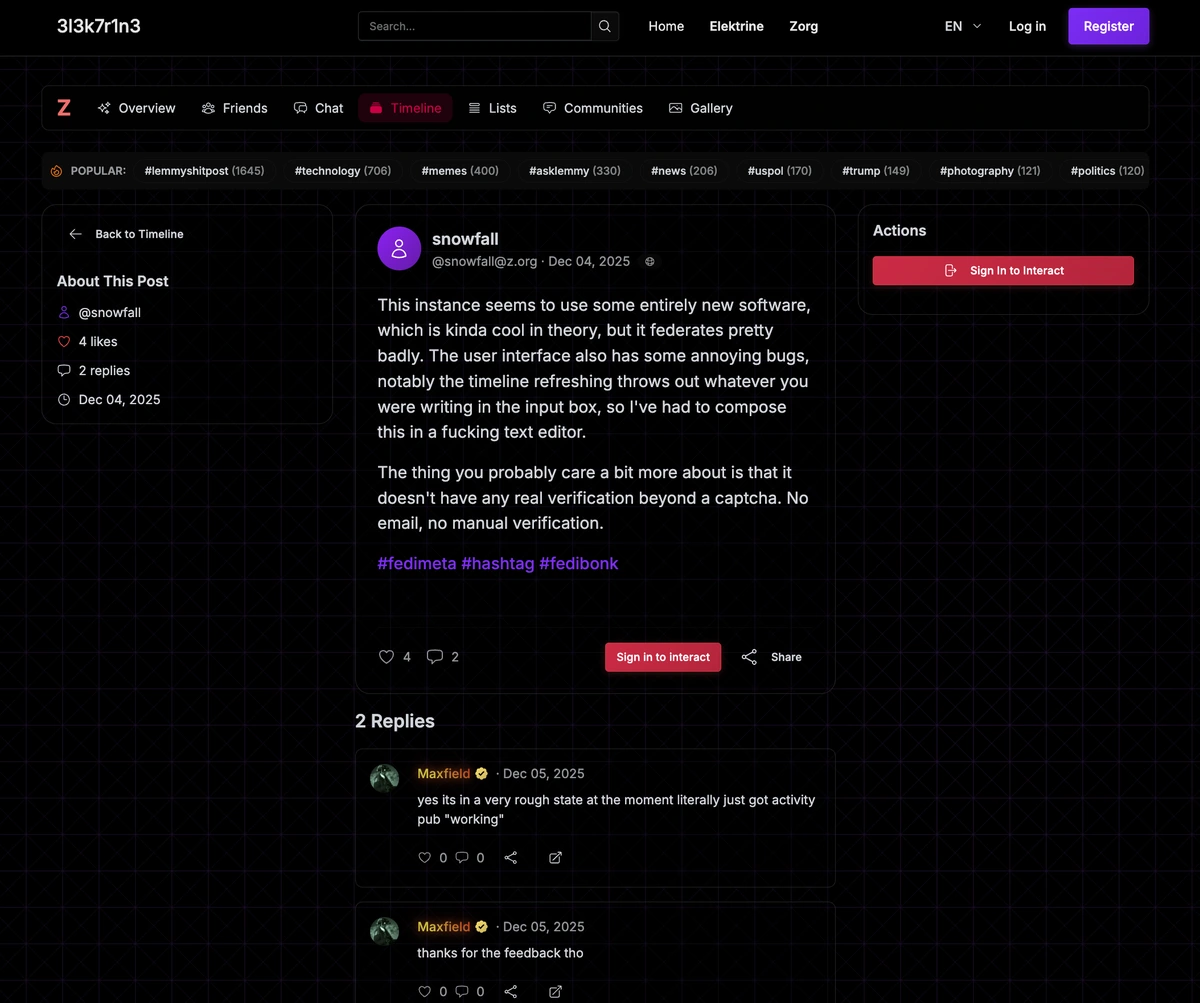 a screenshot of a new fediverse server software called elektrine with a black background and purple and red buttons