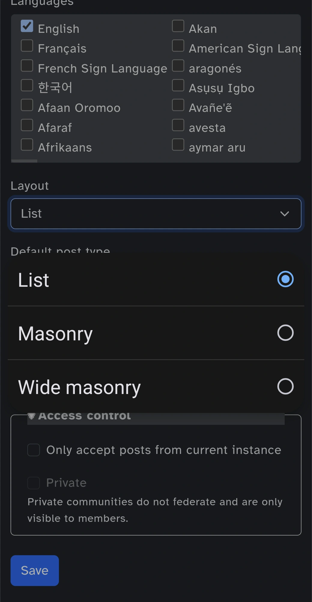 Screenshot of community's settings. We can change the layout of our community : list,mansory,wide mansonry