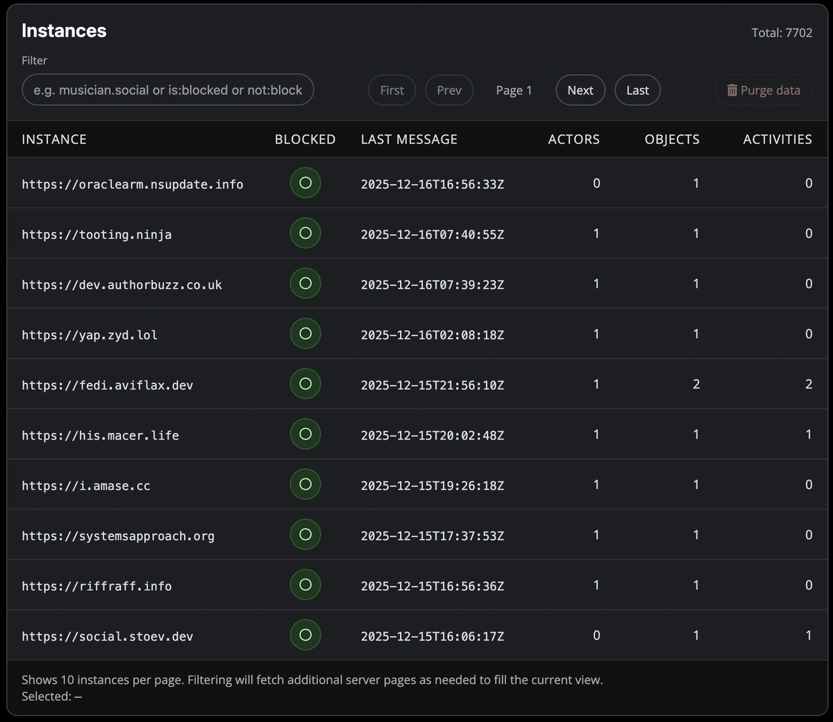 The Enigmatick instances UI showing the most recently discovered instances from the enigmatick.social server