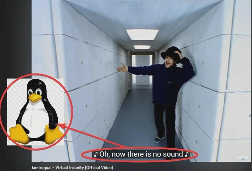 screenshot of Jamiroquai's "Virtual Insanity" music video with subtitled lyric "and now there is no sound". an image of Tux, the linux penguin mascot, on a transparency-indicating checkered background is overlaid on top of the screenshot. there is a red circle around Tux and a red oval around the subtitle and a red line connecting the two.