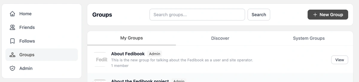 Screenshut of Fedibook group UI
