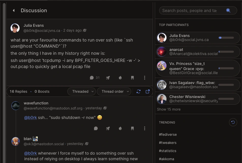 Screenshot of a discussion thread in Bonfire Social, dark mode. The right sidebar shows a "Top Participants" panel listing five people in the thread by avatar, display name, and handle, each with a horizontal bar showing how much they've posted relative to the others. 